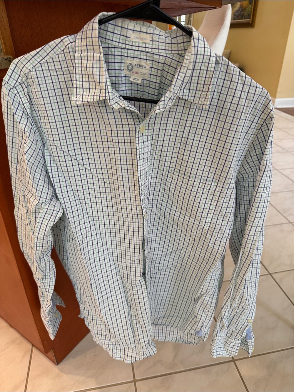 J. Crew Men's White Shirt with Blue & Green Windowpane Check